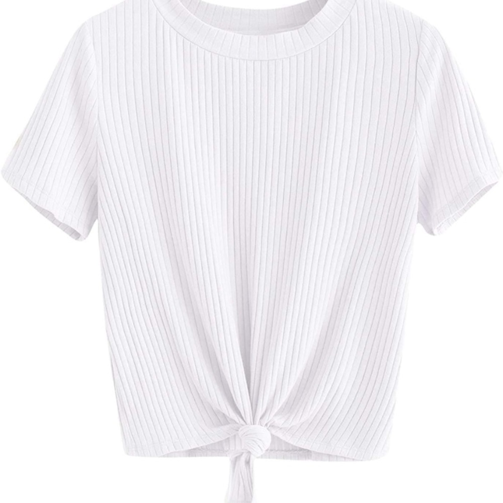 Romwe Women's Cute Knot Front Solid Ribbed Tee Crop Top T-Shirt